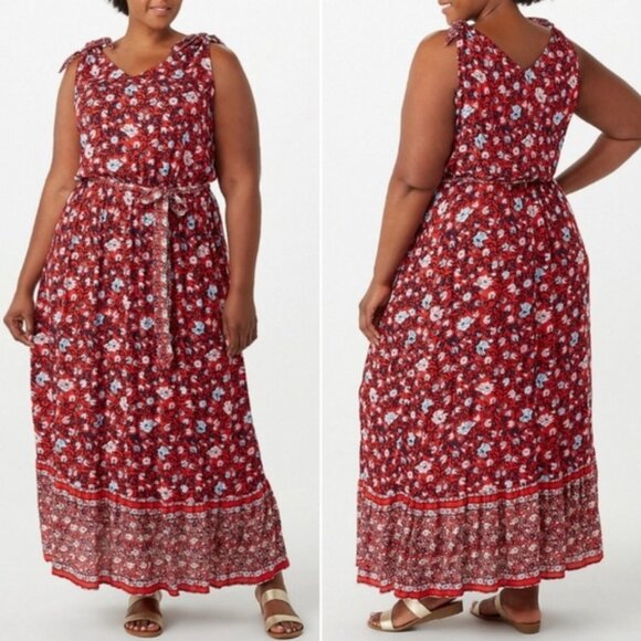 Westport Dress Barn Plus Size Red and Blue Floral Print Boho Maxi Dress - Picture 1 of 9